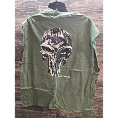 Ford Mustang Skull Muscle Tee Mens XL Green Sleeveless Cut Off Biker Shirt