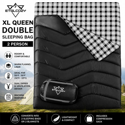 ETGLCOZY XL Queen Double Sleeping Bag 2 Person Black/White Flannel Camping Trave