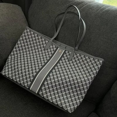 NWT TORY BURCH GRAY GEO LOGO W STRIPE Top Zip Tote Shoulder Bag Style #82398