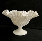 Vintage milk glass scalloped edge bowl  9.5” White hobnail pedestal