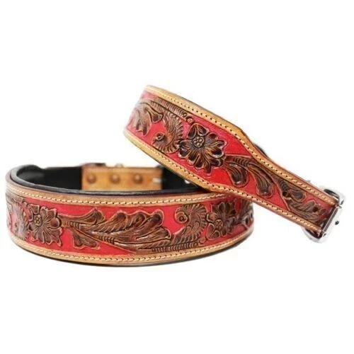 Heavy Duty Dog Collar /Pet Collar Western Styled Leather Hand Tooled Design F/S.