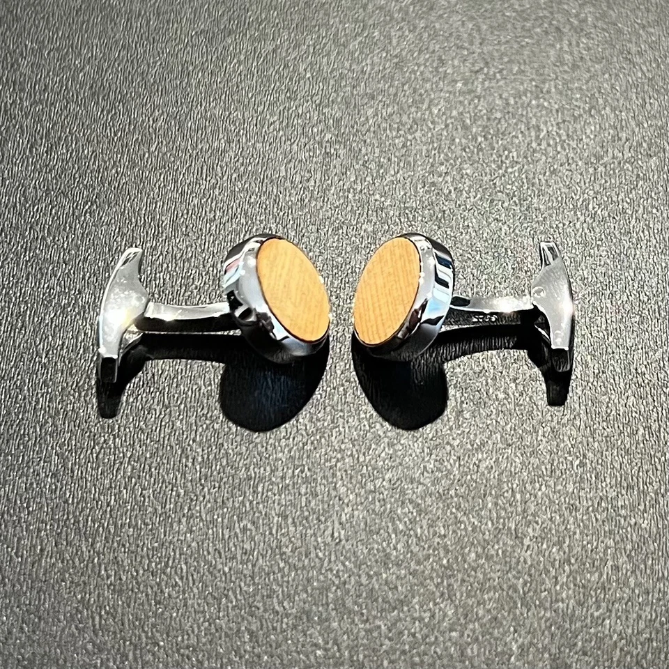925 Sterling Silver Bevel Edge Round Yellow Wood Cufflinks In Box Men Cufflinks - Image 3 of 4