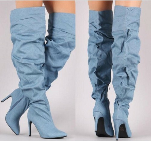 Women Over Knee High Thigh Pleated Pointy Toe High Heel Denim Boots Clubwear New - Picture 6 of 9