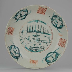 39cm 17c Century Ming Chinese Swatow Zhangzhou Pagoda Antique Rare Scene