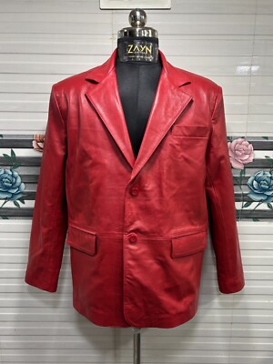 Men's Red Blazer Two Button Coat Soft Lambskin Leather Handmade Wedding Suit
