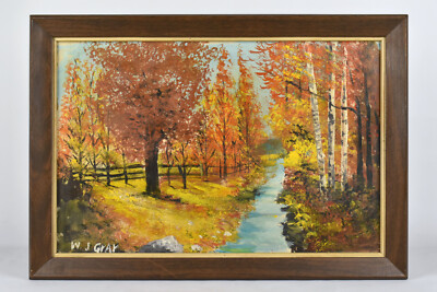 VTG Original Oil Painting Fall Autumn Leaves Trees Creek Signed W.J. Gray 11x17