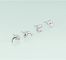 925 Sterling Silver w Rhodium Plated Dolphin Crystal Eye CZ Stud Earrings PE40