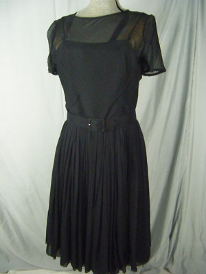 Vtg 70s Black Illusion Crepe Pin Tucks Full Dress w/Belt-Bust 38/XS, AS-IS