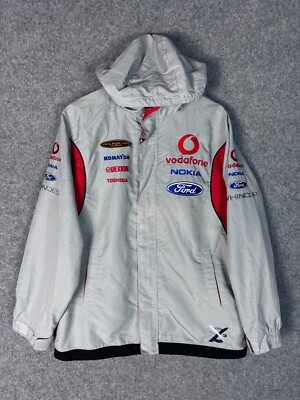 Vodafone Mens Full Zip Racing Track Jacket Large Grey Hooded Lined Pockets Logo