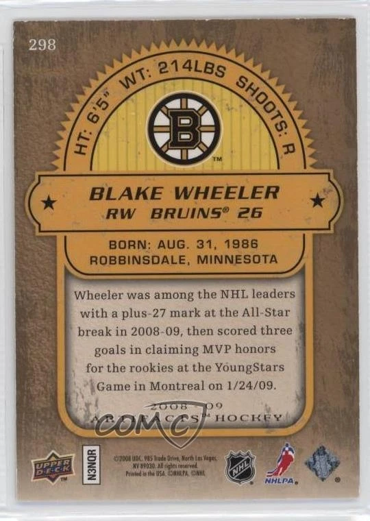 2008-09 Upper Deck Artifacts Rookie /999 Blake Wheeler #298 Rookie RC - Image 2 of 2