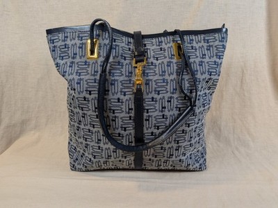 Tosca Blu Italy Navy Monogram Tote Bag Gold Hardware Large Shoulder Bag 2000's