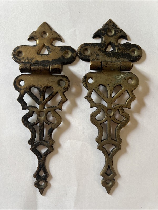2 Antique Offset Brass Strap Hinges Gothic Tudor Cabinet Door Hardware 7 6/8”
