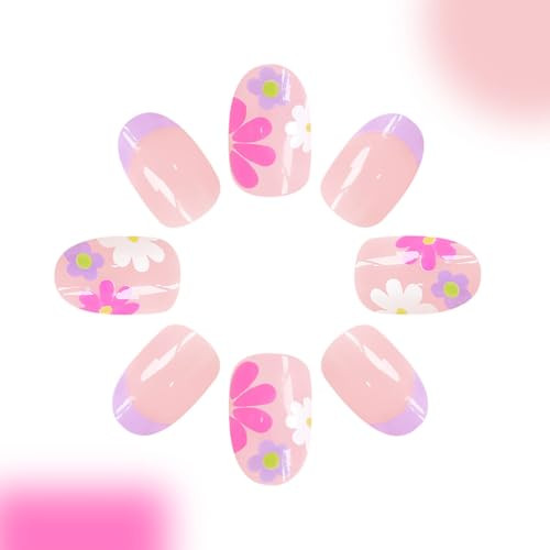 24 Stück French Tip Press on Nails Kurz Mandel Kunstnägel Bunt Blume - Bild 3 von 7