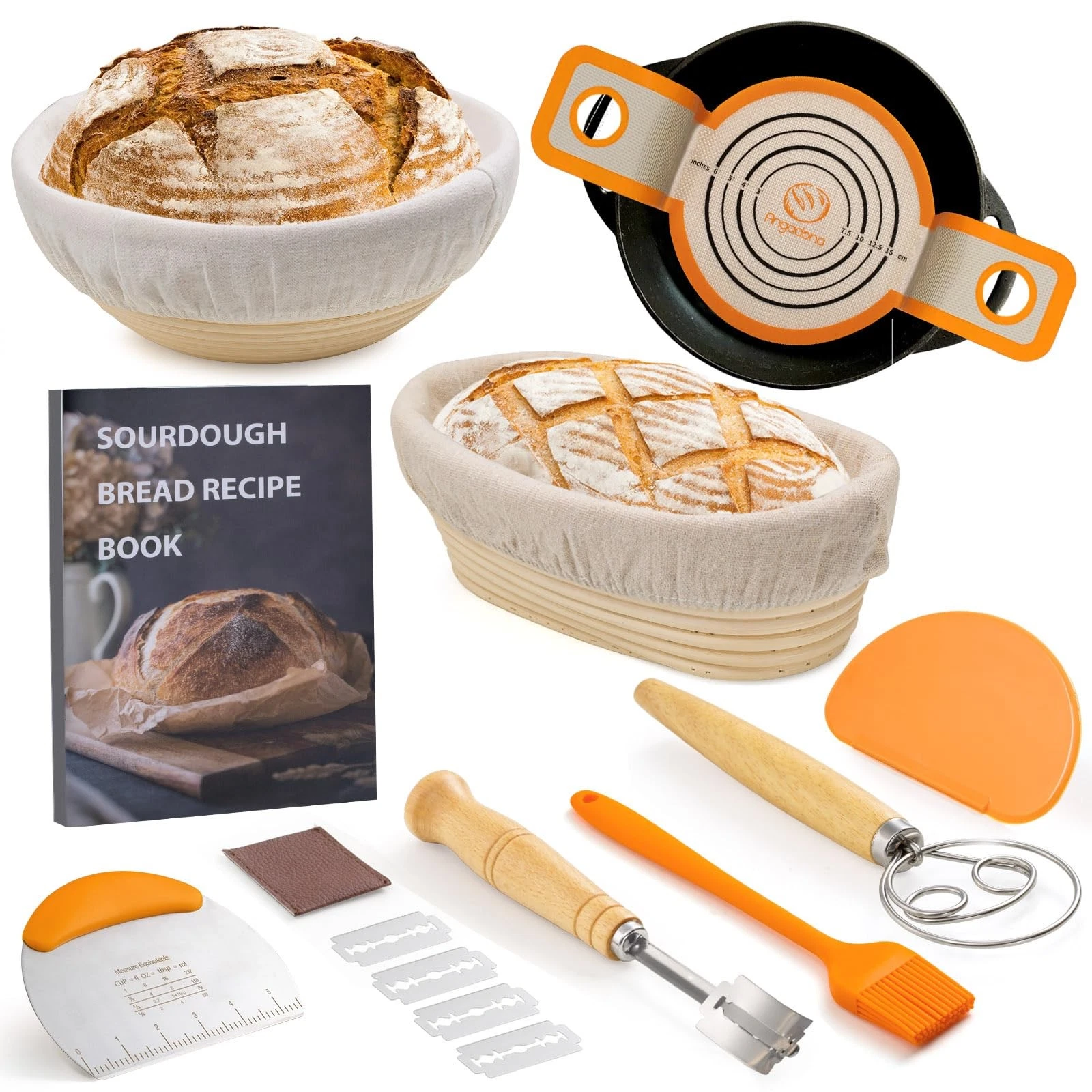 Sourdough Starter Kit: 9" Round & 10" Oval Banneton Baskets, Tools, Recipes