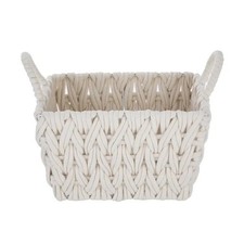 Medium White Woven Rope Decorative Storage Basket with Handles, 14.3 in x 11 in