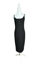 Reformation Womens Ribbed Black Midi Dress Henley Button Front Bodycon Sz Medium