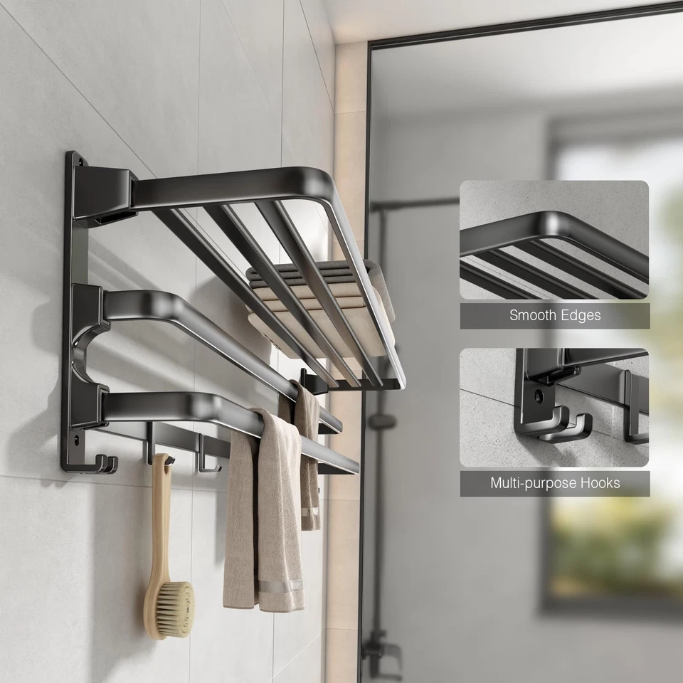 VOLDRA 24-Inch Towel RackBathroom Towel Shelf with 2 Towel Bar Foldable Towel... - Image 3 of 4