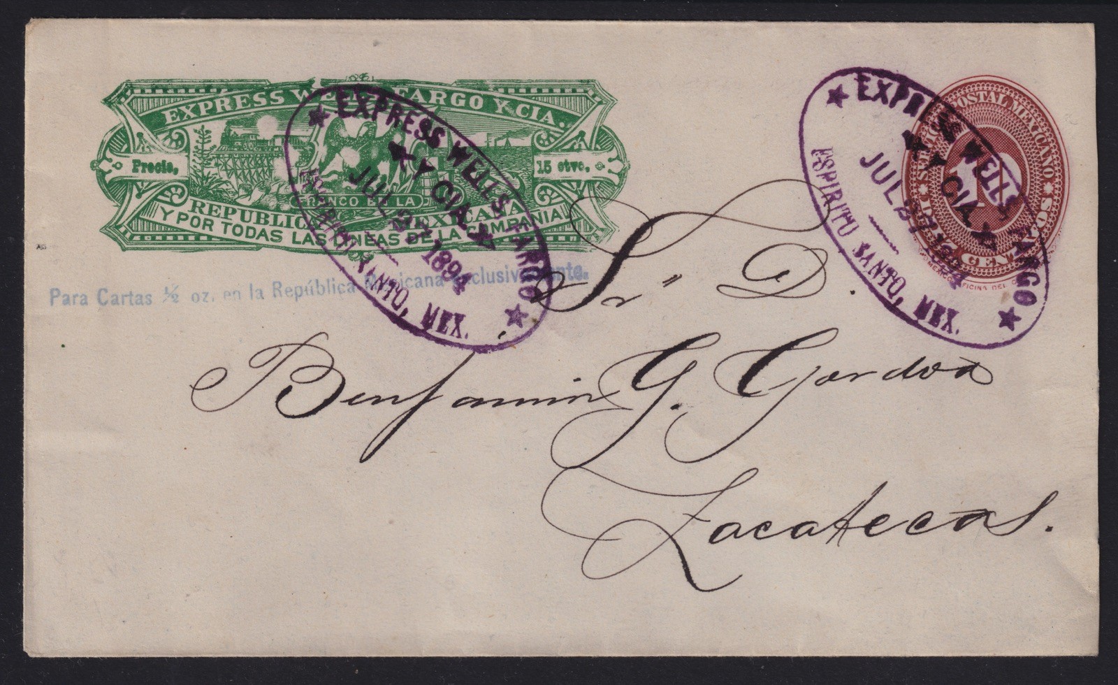 MEXICO ~1894, STATIONERY FROM ESPERITU TO ZACATECAS - WELLS FARGO