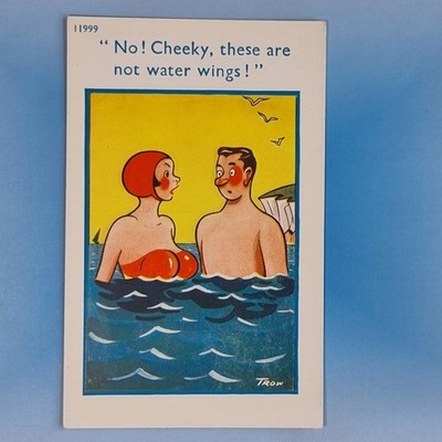 Freche Comic Postkarte um 1970 Brüste nicht Wasser Flügel Bikini schwarze Augen Trow