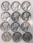 (12) Mercury Dimes - 1935 - 1944 Range - Fine - #2840ED