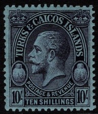 TURKS AND CAICOS ISLANDS 1928 KGV CACTUS 10/-