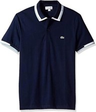 LACOSTE MEN'S REGULAR FIT TRICOLOR NECK JERSEY POLO 3/S NAVY BLUE WHITE DH7488
