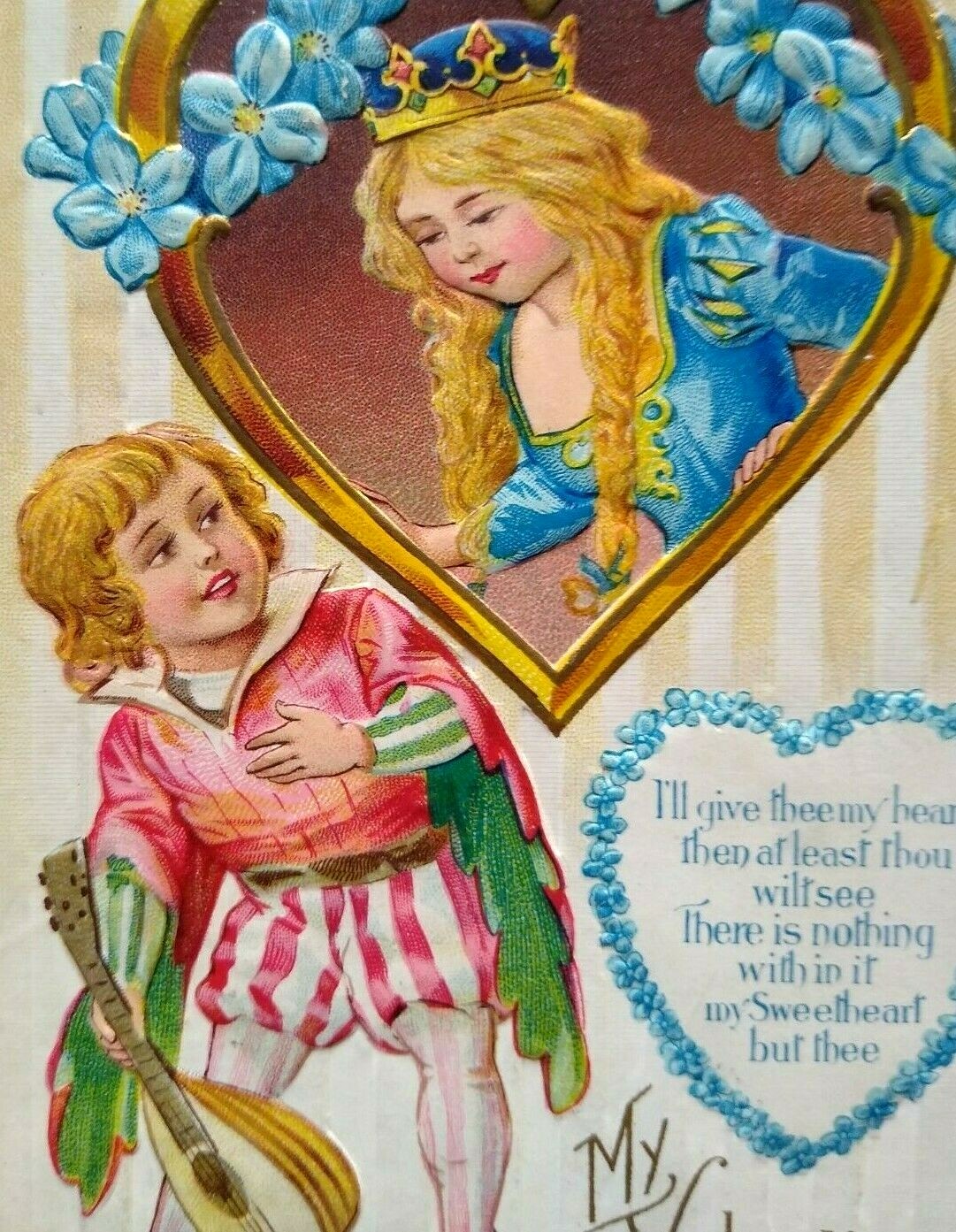 Victorian Valentine Postcard Nash Princess with Lute Guitar Player on Striped Background  