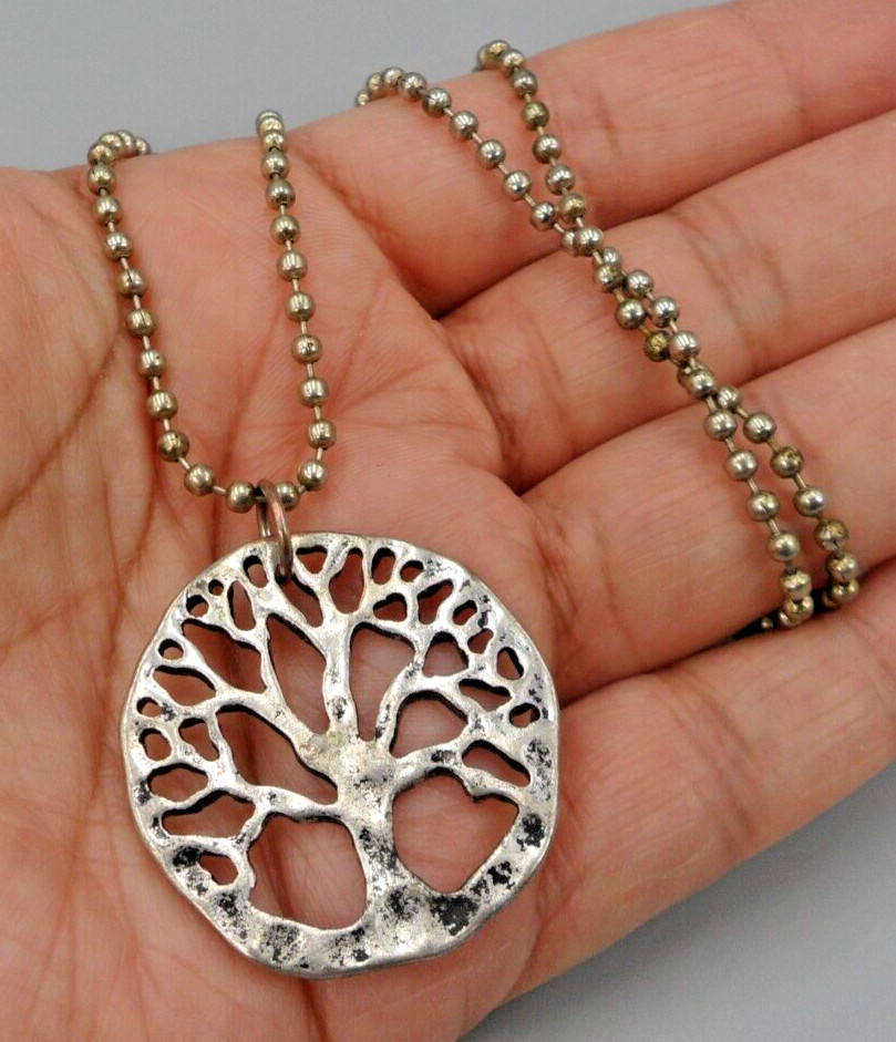 Tree of Wisdom Pendant Necklace Silver Plated Copper Hippie Boho Ball Bead Chain