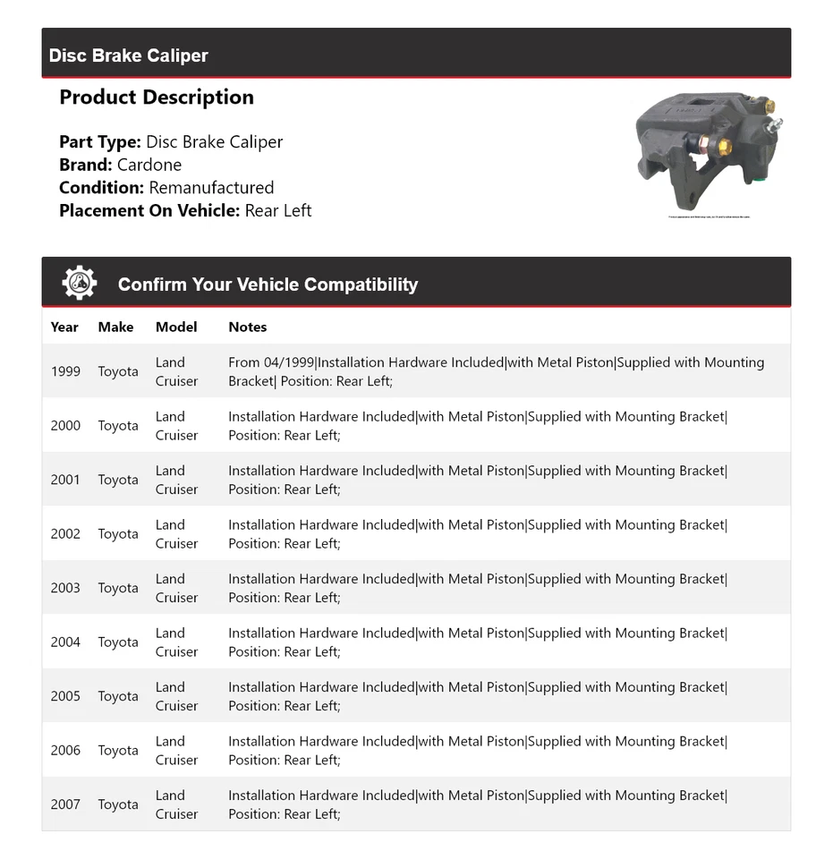 Pinza de freno de disco trasera izquierda cardone 2000 2001 para Toyota Land Cruiser 1999-2007 Foto 2 de 4