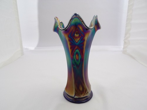 Vintage Fenton Cobalt Blue Vase Carnival Iridescent Glass Panels Diamonds Bows   - Picture 1 of 9