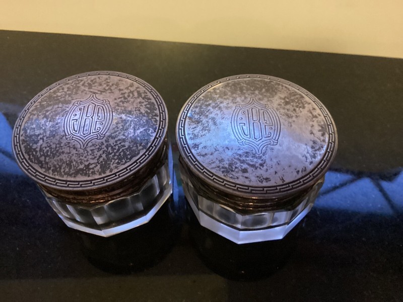 Antique Pair William B. Kerr&Co. Glass Dressing Table Jars w/Sterling Silver Lid