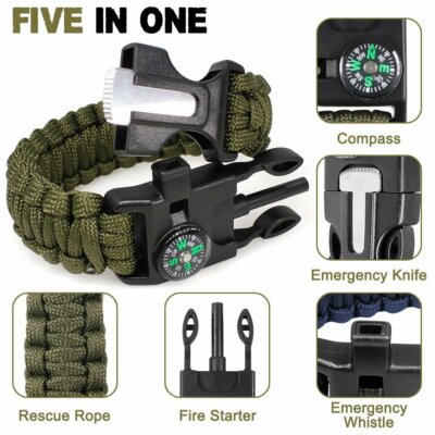 Outdoor Survival Kit Adjustable Paracord Emergency Bracelet Compass  Waterproof