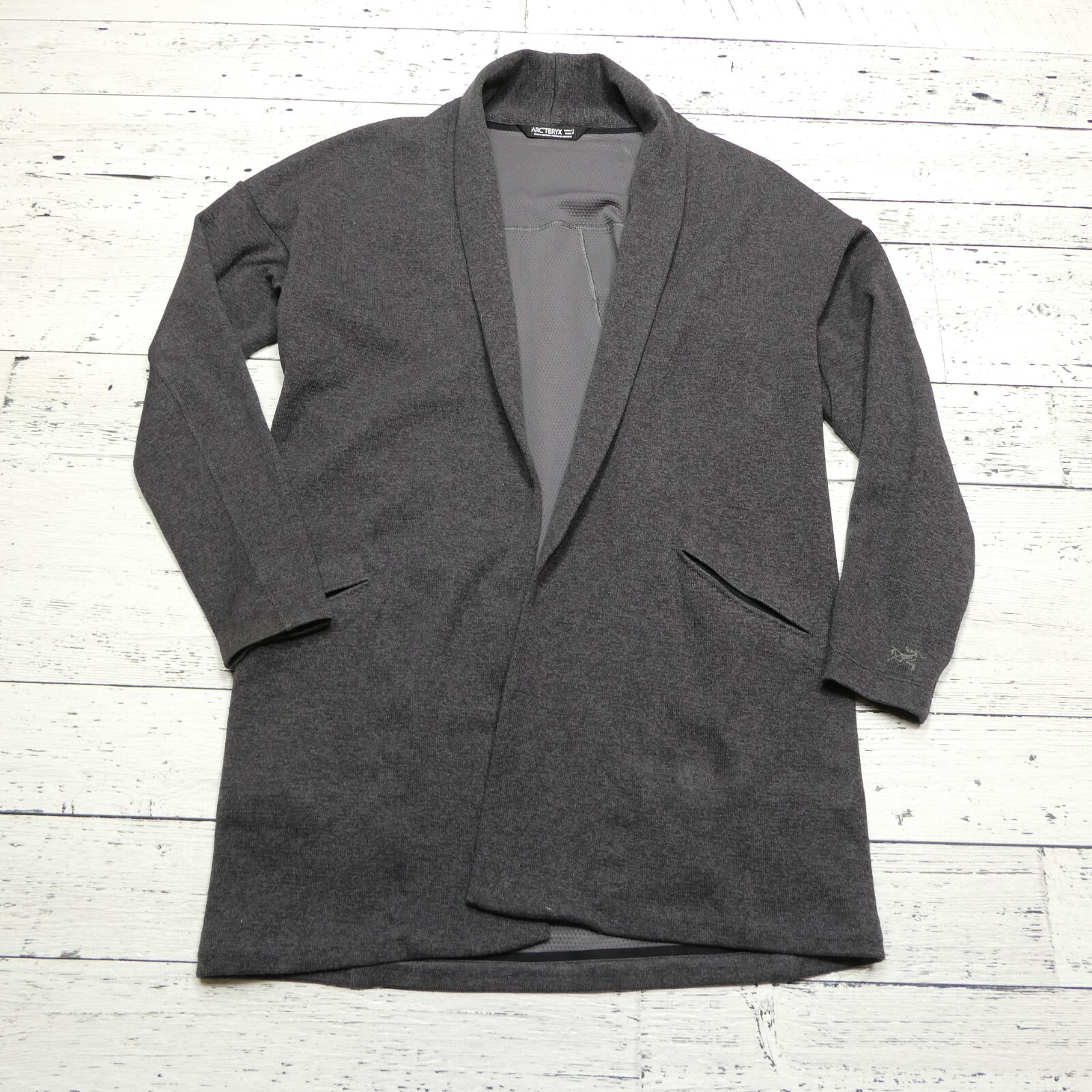 ARC'TERYX Arcteryx Cardigan Maglione Donna Piccolo Grigio Poliestere Lungo Scialle Tasche Logo