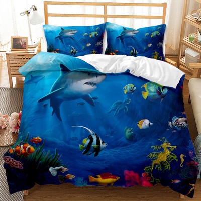 Ocean Shark Fish Turtle Print Duvet Cover Quilt Cover Pillowcase Bedding Set New