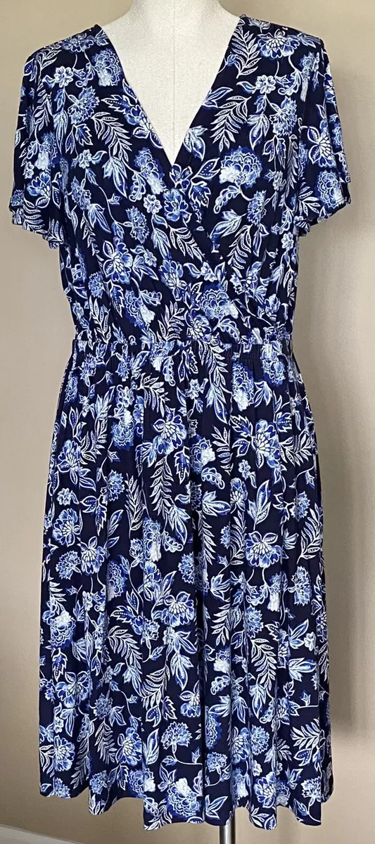 Lands End Flutter Sleeve Surplice Dress Elastic Waist Navy Blue Batik Floral S