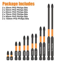 12x Magnetic Anti-Slip PH2 Impact Driver Phillips Screwdriver Drill Bit Tool Set