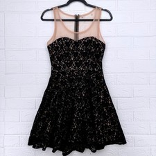 Lace Fit and Flare Dress Women Small Black Nude Illusion Mesh Cocktail