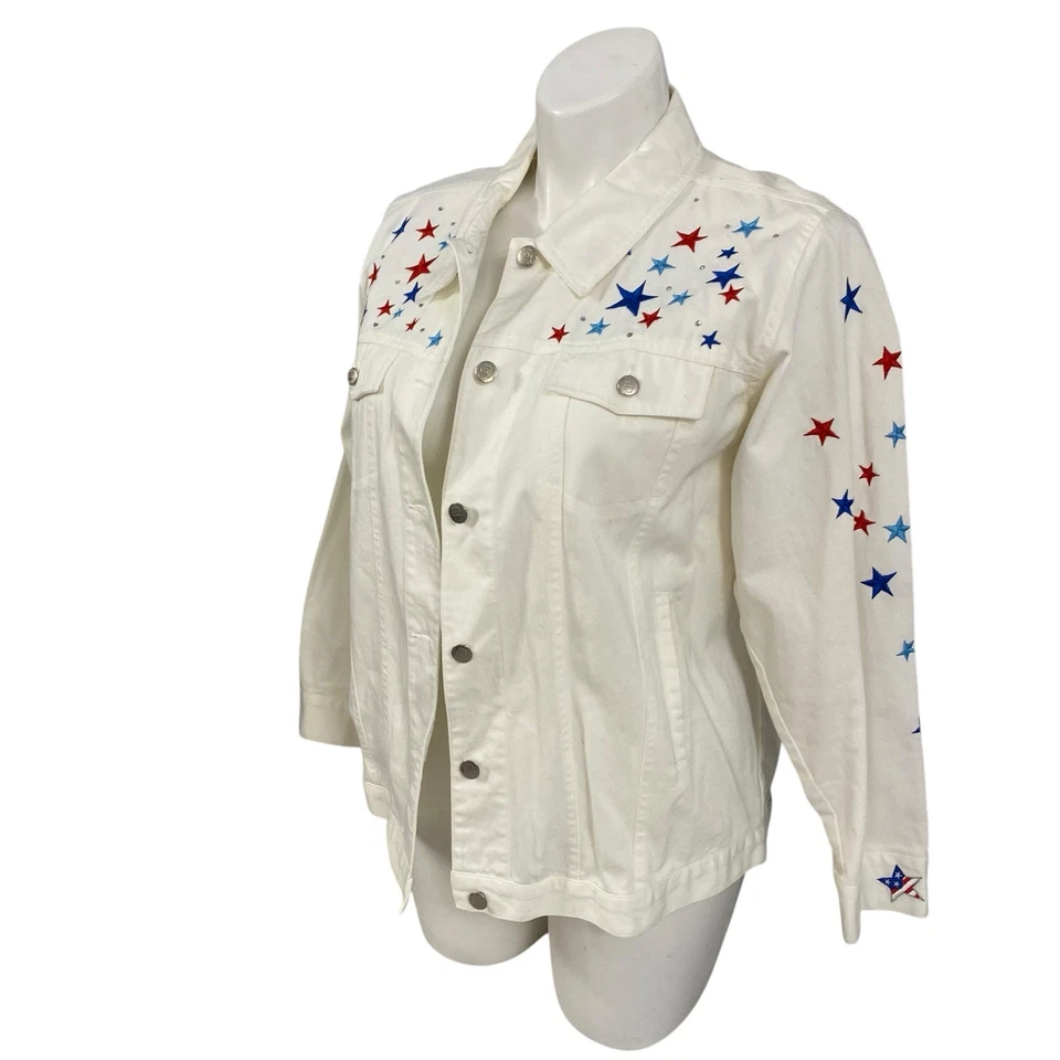 Quacker Factory Jacket Womens Sz Large Patriotic Angel Folk Art Americana Cotton - Image 3 of 4