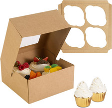 6X6X3 Bakery Cookie Boxes with Window, Kraft Paper Cupcake Treat Pastry Food Box