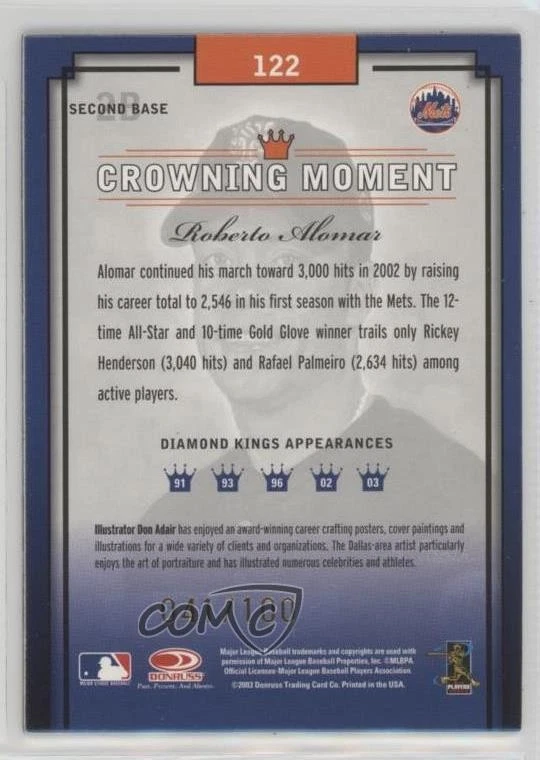 2003 Donruss Diamond Kings Gold Foil /100 Roberto Alomar #122 HOF - Image 2 of 2