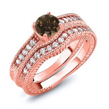 1.15 Ct Round Brown Smoky Quartz 18K Rose Gold Plated Silver Ring
