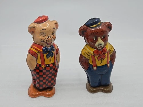 Vtg 1938 J. Chein & Co  Tin Litho Wind-Up Walking Bear And Pig-Works, USA Made