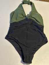 Women s Colorblock Halter One Piece Swimsuit Green/Black M Tie Stretch