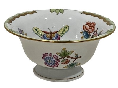 Herend Queen Victoria Footed Bowl Green Border Gold Rim  5.5''D x 2.75''H Pristine