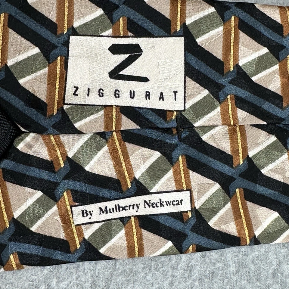 Corbata Zigurat by Mulberry Cuello Beige Azul Patrón Diamante 100% Seda EE. UU. Foto 2 de 4