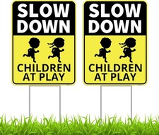 2PC Slow Down Children at Play Safety Signs for Street with Stakes, 13"x17" -