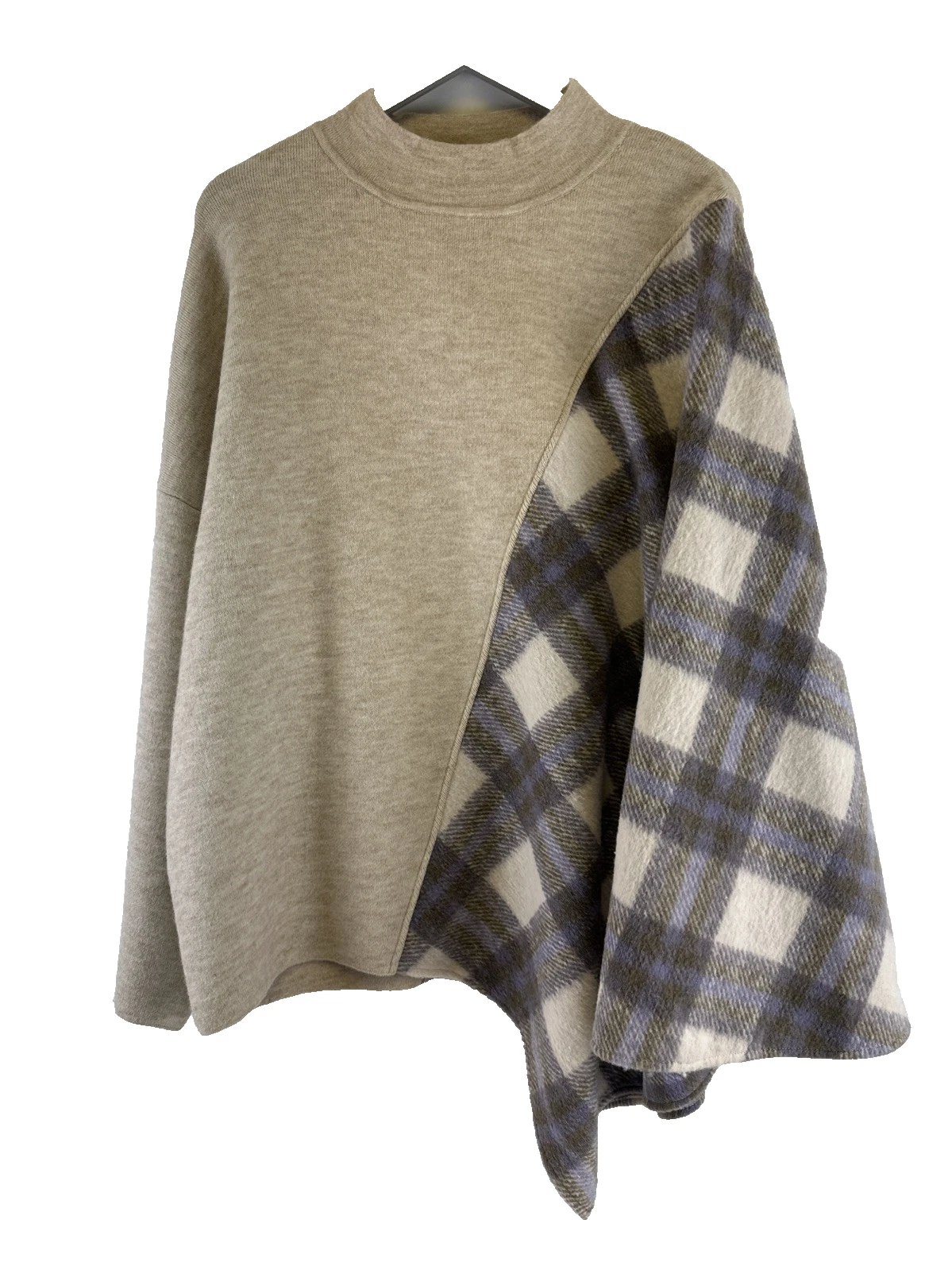 Pilcro Mixed Plaid Poncho Sweater Cream Knit Purple Sleeve Pullover One Size