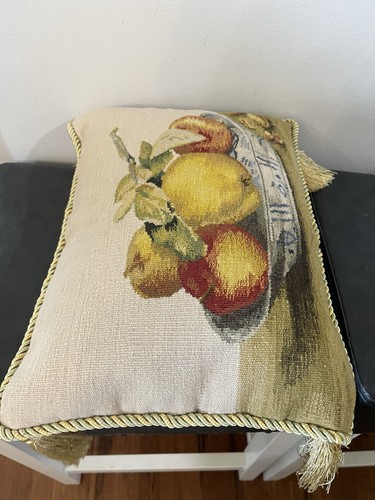 Vintage Nadelspitze Kissen Überwurf 15x11 Quasten Obst blau Schale gedeckte Farben Feder - Bild 14 von 15