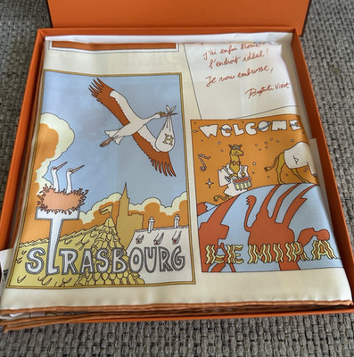 NEW in Box HERMES Orange /Bleu Ciel / Crème On Est Bien Ici ! 100% SILK Scarf 90