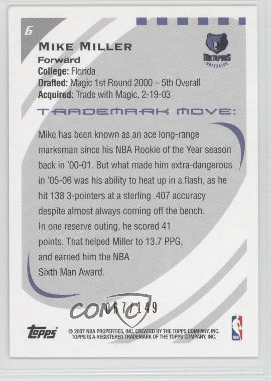 2006-07 Topps Trademark Moves Rainbow /149 Mike Miller #6 - Image 2 of 2